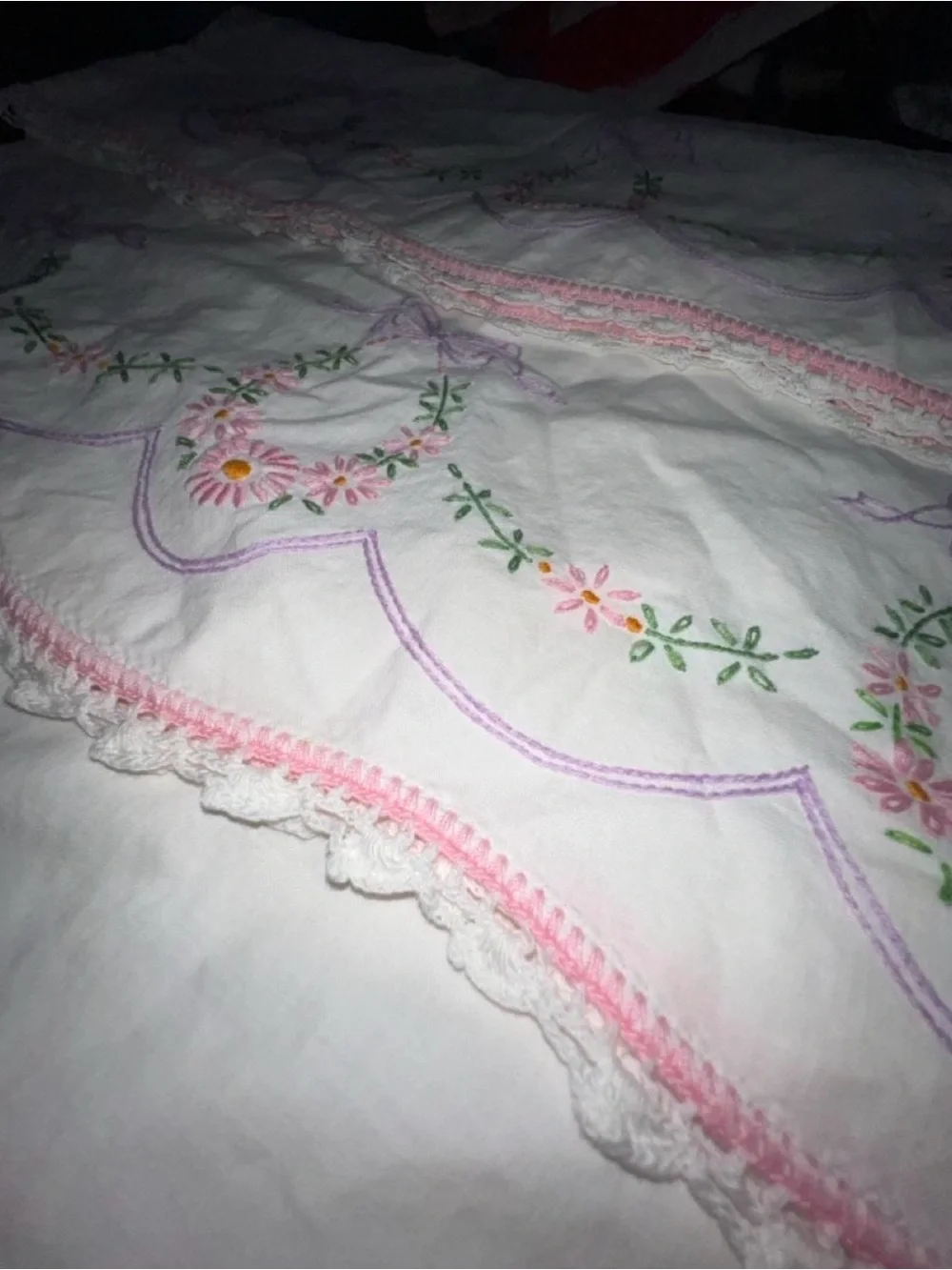 Embroidered Floral Pillowcase in White with Pink and Lavender Accents